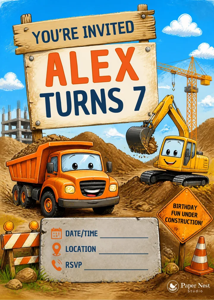 Construction Birthday Invitation printable from Paper Nest Studio