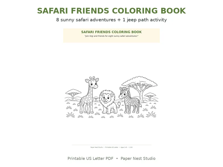 Safari Animals Coloring Book printable from Paper Nest Studio