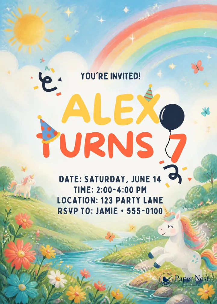 Animated Unicorn Birthday Invitation printable from Paper Nest Studio