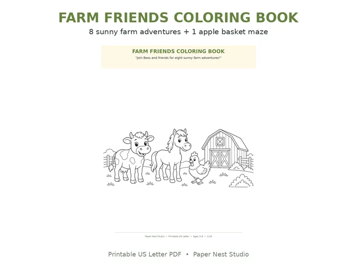 Farm Friends Coloring Book printable from Paper Nest Studio
