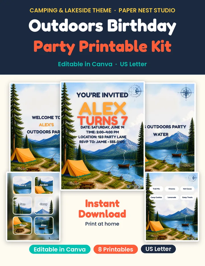 Outdoors Camping Party Kit printable from Paper Nest Studio